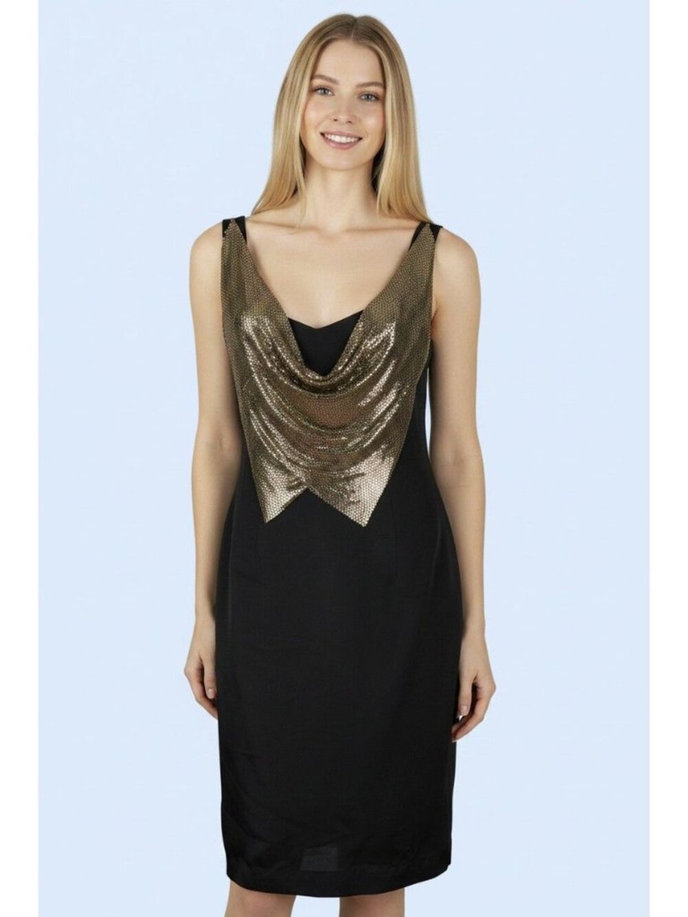 Kay Unger sleeveless black sheath dress with gold mesh front size 10